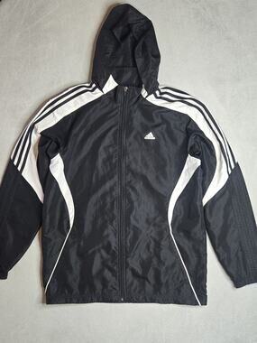 Adidas Men's Vintage Windbreaker Jacket Black White Full Zip Hooded Track Sz M